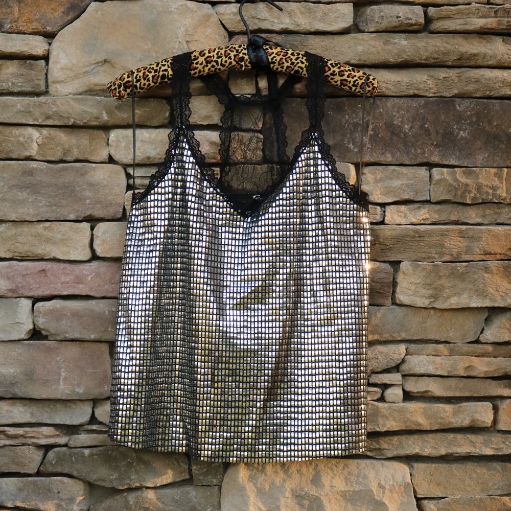 Silver and Black Sequin Top Large